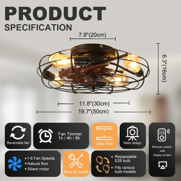 English Elm 19.7 Inch Industrial Caged Ceiling Fan with Wood Grain Blades and Remote for Small Rooms W3886P506783