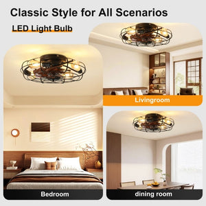 English Elm 19.7 Inch Industrial Caged Ceiling Fan with Wood Grain Blades and Remote for Small Rooms W3886P506783