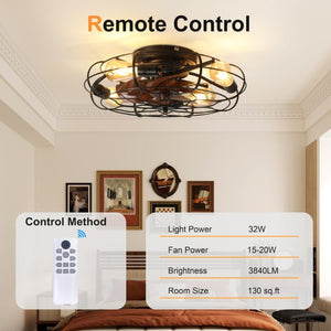 English Elm 19.7 Inch Industrial Caged Ceiling Fan with Wood Grain Blades and Remote for Small Rooms W3886P506783