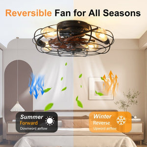 English Elm 19.7 Inch Industrial Caged Ceiling Fan with Wood Grain Blades and Remote for Small Rooms W3886P506783