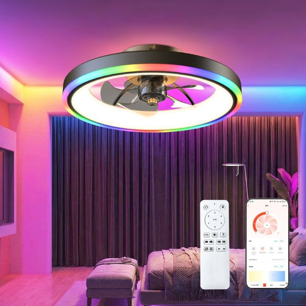 English Elm 19.7 Inch Flush Mount Ceiling Fan RGB Ambient LED Dimmable DC Motor App Control Black W3886P506784