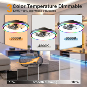 English Elm 19.7 Inch Flush Mount Ceiling Fan RGB Ambient LED Dimmable DC Motor App Control Black W3886P506784