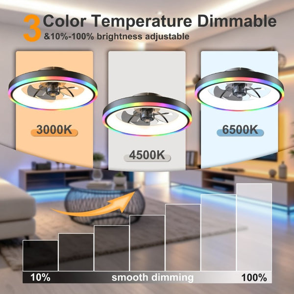 English Elm 19.7 Inch Flush Mount Ceiling Fan RGB Ambient LED Dimmable DC Motor App Control Black W3886P506784