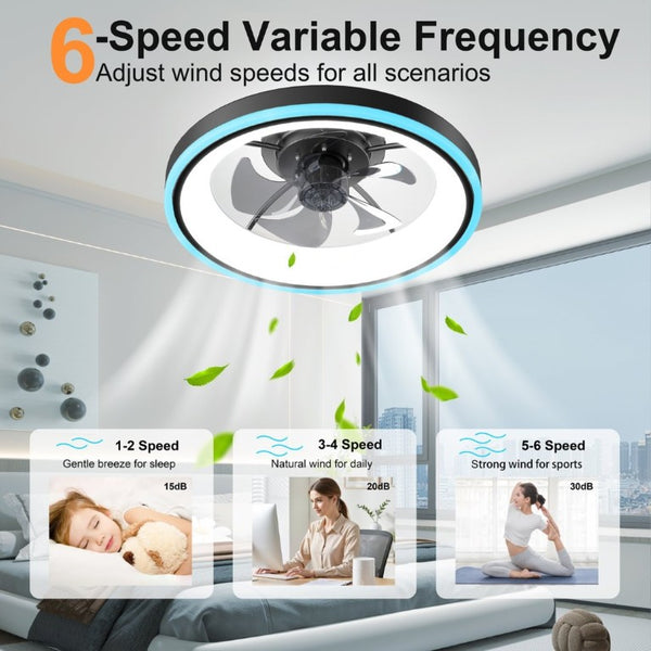 English Elm 19.7 Inch Flush Mount Ceiling Fan RGB Ambient LED Dimmable DC Motor App Control Black W3886P506784
