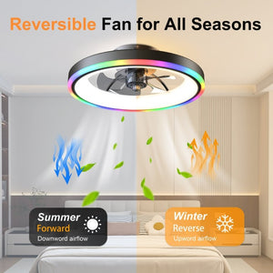 English Elm 19.7 Inch Flush Mount Ceiling Fan RGB Ambient LED Dimmable DC Motor App Control Black W3886P506784