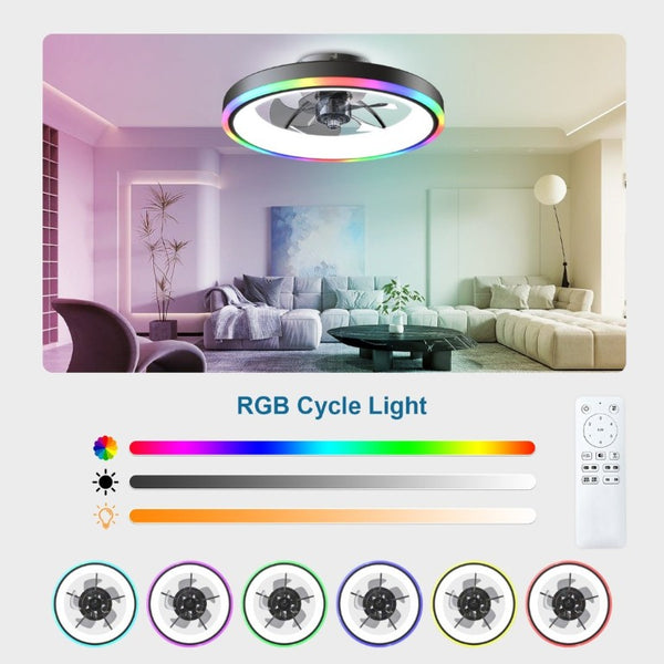 English Elm 19.7 Inch Flush Mount Ceiling Fan RGB Ambient LED Dimmable DC Motor App Control Black W3886P506784