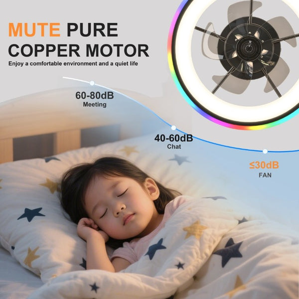 English Elm 19.7 Inch Flush Mount Ceiling Fan RGB Ambient LED Dimmable DC Motor App Control Black W3886P506784
