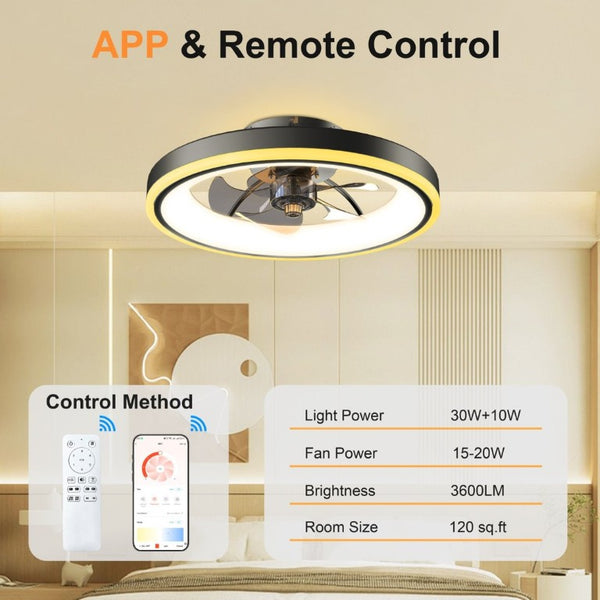 English Elm 19.7 Inch Flush Mount Ceiling Fan RGB Ambient LED Dimmable DC Motor App Control Black W3886P506784