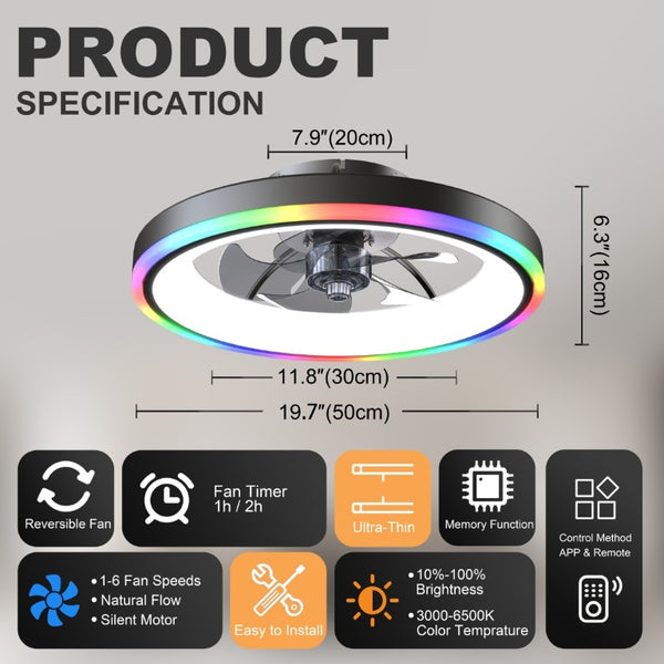 English Elm 19.7 Inch Flush Mount Ceiling Fan RGB Ambient LED Dimmable DC Motor App Control Black W3886P506784