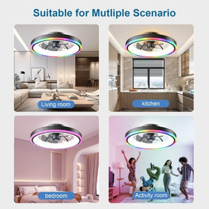 English Elm 19.7 Inch Flush Mount Ceiling Fan RGB Ambient LED Dimmable DC Motor App Control Black W3886P506784