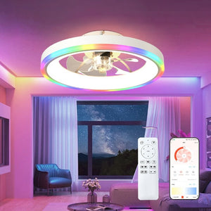 English Elm 19.7 Inch Flush Mount Ceiling Fan RGB Ambient LED Dimmable DC Motor App Control White W3886P506786