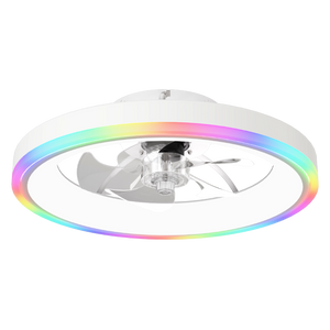 English Elm 19.7 Inch Flush Mount Ceiling Fan RGB Ambient LED Dimmable DC Motor App Control White W3886P506786