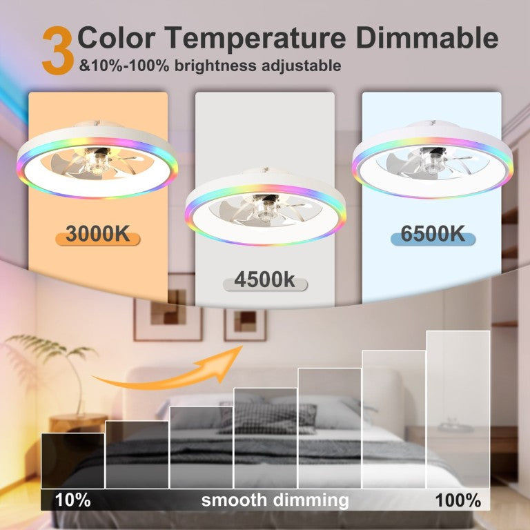 English Elm 19.7 Inch Flush Mount Ceiling Fan RGB Ambient LED Dimmable DC Motor App Control White W3886P506786