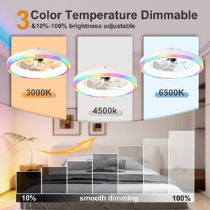 English Elm 19.7 Inch Flush Mount Ceiling Fan RGB Ambient LED Dimmable DC Motor App Control White W3886P506786