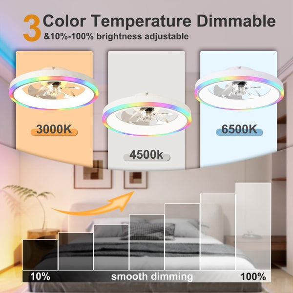 English Elm 19.7 Inch Flush Mount Ceiling Fan RGB Ambient LED Dimmable DC Motor App Control White W3886P506786