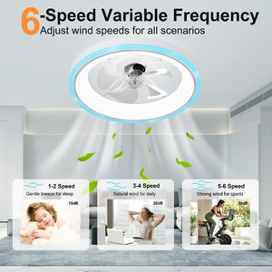 English Elm 19.7 Inch Flush Mount Ceiling Fan RGB Ambient LED Dimmable DC Motor App Control White W3886P506786