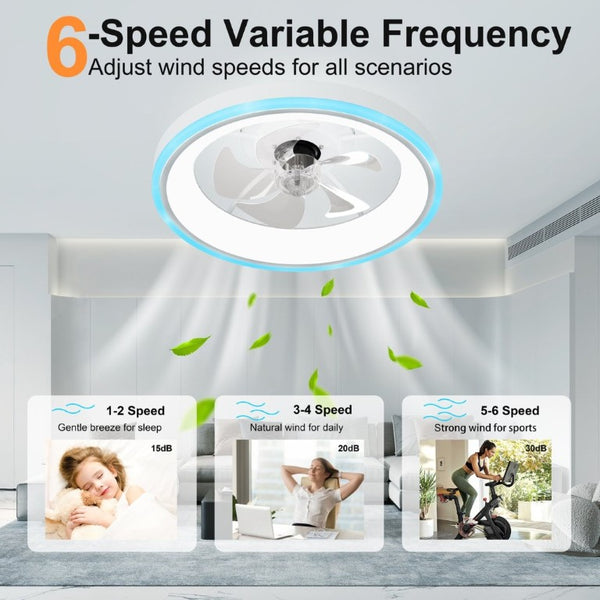 English Elm 19.7 Inch Flush Mount Ceiling Fan RGB Ambient LED Dimmable DC Motor App Control White W3886P506786