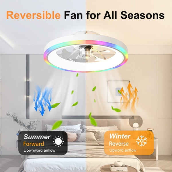 English Elm 19.7 Inch Flush Mount Ceiling Fan RGB Ambient LED Dimmable DC Motor App Control White W3886P506786