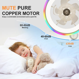English Elm 19.7 Inch Flush Mount Ceiling Fan RGB Ambient LED Dimmable DC Motor App Control White W3886P506786