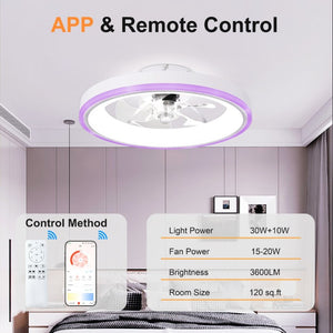 English Elm 19.7 Inch Flush Mount Ceiling Fan RGB Ambient LED Dimmable DC Motor App Control White W3886P506786