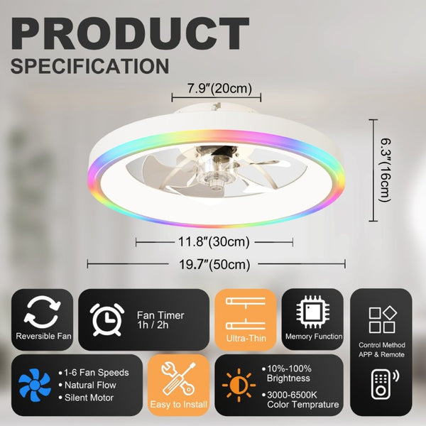 English Elm 19.7 Inch Flush Mount Ceiling Fan RGB Ambient LED Dimmable DC Motor App Control White W3886P506786