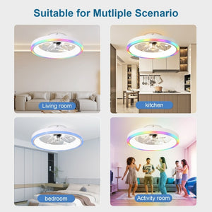 English Elm 19.7 Inch Flush Mount Ceiling Fan RGB Ambient LED Dimmable DC Motor App Control White W3886P506786