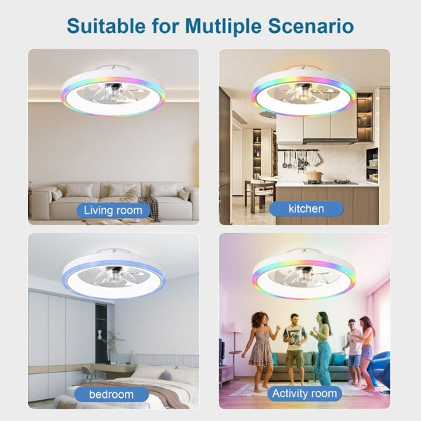 English Elm 19.7 Inch Flush Mount Ceiling Fan RGB Ambient LED Dimmable DC Motor App Control White W3886P506786