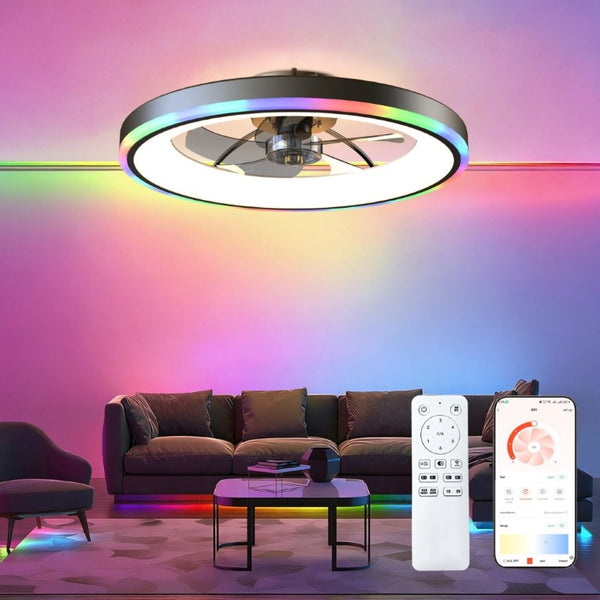English Elm 23.6 Flush Mount Ceiling Fan RGB Accent LED Dimmable Light App Controlled Bedroom Black W3886P506789
