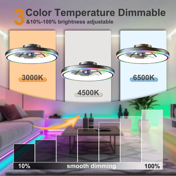 English Elm 23.6 Flush Mount Ceiling Fan RGB Accent LED Dimmable Light App Controlled Bedroom Black W3886P506789
