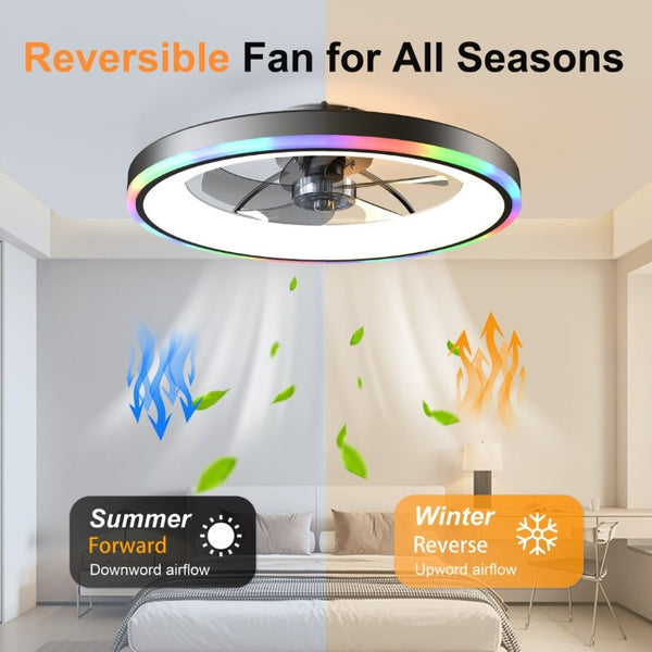 English Elm 23.6 Flush Mount Ceiling Fan RGB Accent LED Dimmable Light App Controlled Bedroom Black W3886P506789