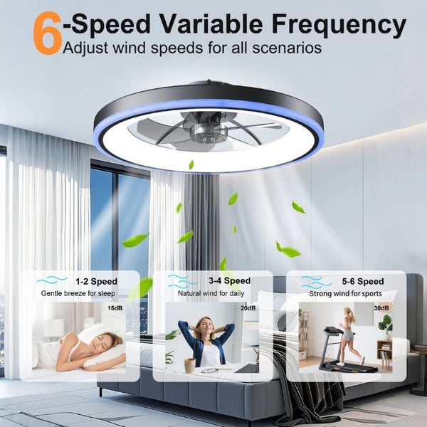 English Elm 23.6 Flush Mount Ceiling Fan RGB Accent LED Dimmable Light App Controlled Bedroom Black W3886P506789