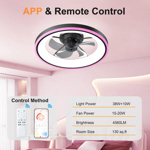 English Elm 23.6 Flush Mount Ceiling Fan RGB Accent LED Dimmable Light App Controlled Bedroom Black W3886P506789