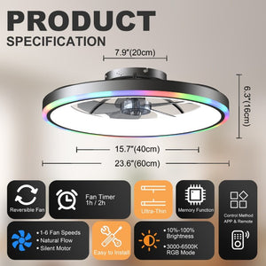 English Elm 23.6 Flush Mount Ceiling Fan RGB Accent LED Dimmable Light App Controlled Bedroom Black W3886P506789