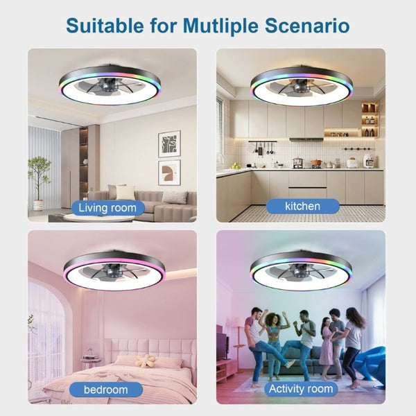 English Elm 23.6 Flush Mount Ceiling Fan RGB Accent LED Dimmable Light App Controlled Bedroom Black W3886P506789