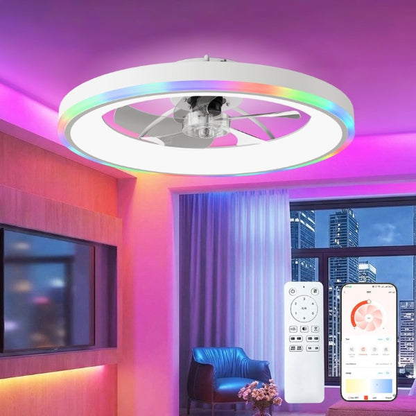 English Elm 23.6 Flush Mount Ceiling Fan RGB Accent LED Dimmable Light App Controlled Bedroom White W3886P506792