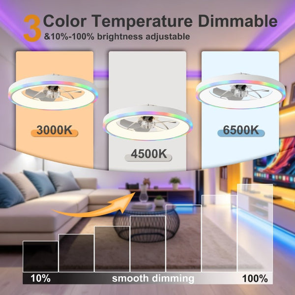 English Elm 23.6 Flush Mount Ceiling Fan RGB Accent LED Dimmable Light App Controlled Bedroom White W3886P506792