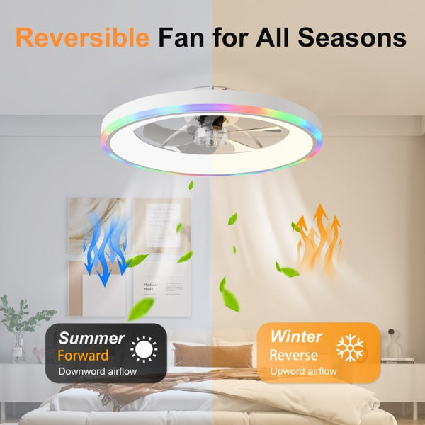 English Elm 23.6 Flush Mount Ceiling Fan RGB Accent LED Dimmable Light App Controlled Bedroom White W3886P506792