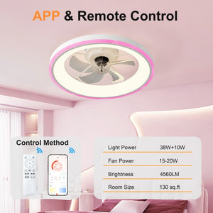 English Elm 23.6 Flush Mount Ceiling Fan RGB Accent LED Dimmable Light App Controlled Bedroom White W3886P506792