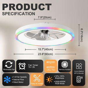 English Elm 23.6 Flush Mount Ceiling Fan RGB Accent LED Dimmable Light App Controlled Bedroom White W3886P506792