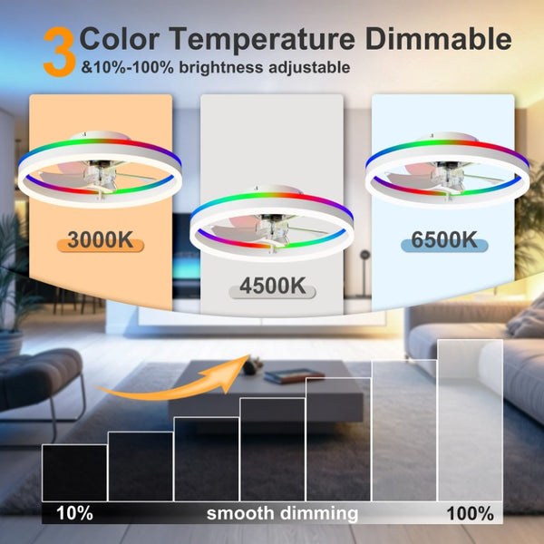 English Elm 19.7 Inch RGB Flush Mount Ceiling Fan Dimmable LED Smart App Control Bedroom W3886P506854