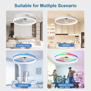 English Elm 19.7 Inch RGB Flush Mount Ceiling Fan Dimmable LED Smart App Control Bedroom W3886P506854