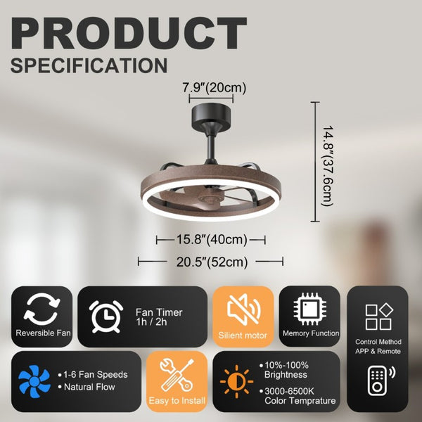 English Elm 20.5 Inch Modern Fandelier with Dimmable LED Panel DC Motor App Control Brown Finish W3886P506856