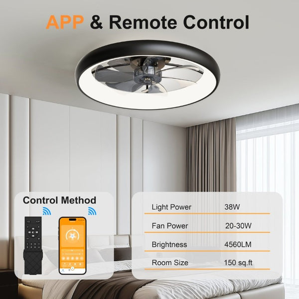 English Elm 24.4 Inch Flush Mount Matte Black Fandelier with Dimmable LED and App Control W3886P506868