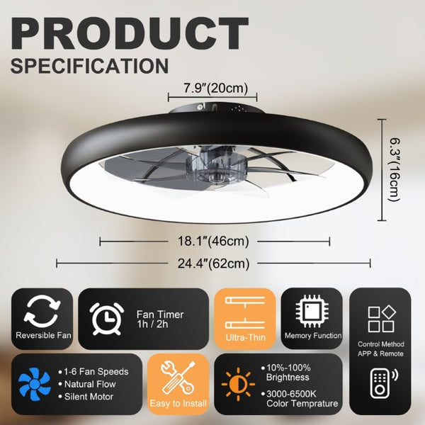 English Elm 24.4 Inch Flush Mount Matte Black Fandelier with Dimmable LED and App Control W3886P506868