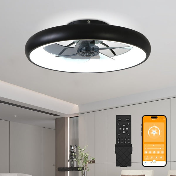 English Elm 21.7 Inch Flush Mount Fandelier Matte Black LED Dimmable Smart Fan for Low Ceilings W3886P506873