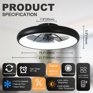 English Elm 21.7 Inch Flush Mount Fandelier Matte Black LED Dimmable Smart Fan for Low Ceilings W3886P506873