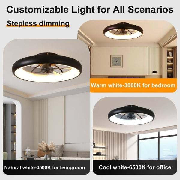 English Elm 21.7 Inch Flush Mount Fandelier Matte Black LED Dimmable Smart Fan for Low Ceilings W3886P506873
