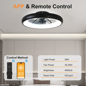 English Elm 21.7 Inch Flush Mount Fandelier Matte Black LED Dimmable Smart Fan for Low Ceilings W3886P506873