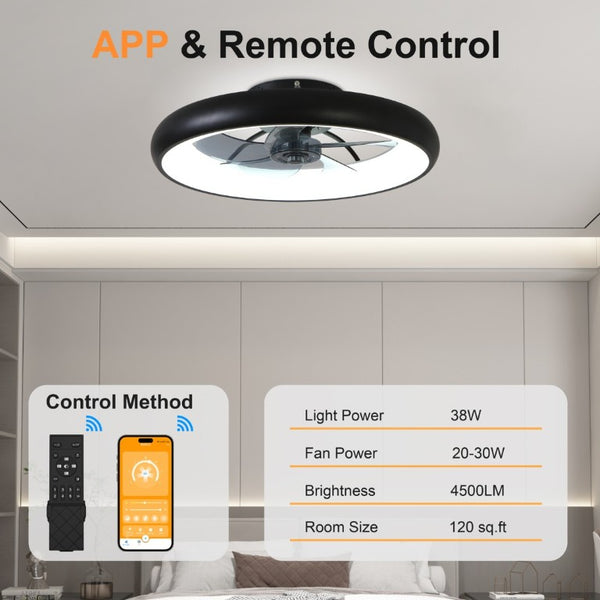 English Elm 21.7 Inch Flush Mount Fandelier Matte Black LED Dimmable Smart Fan for Low Ceilings W3886P506873