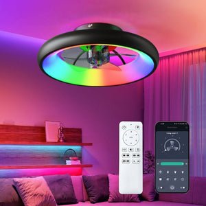 English Elm 19.3 Inch Flush Mount Ceiling Fan RGB LED Light Matte Black Low Profile Bedroom W3886P506877